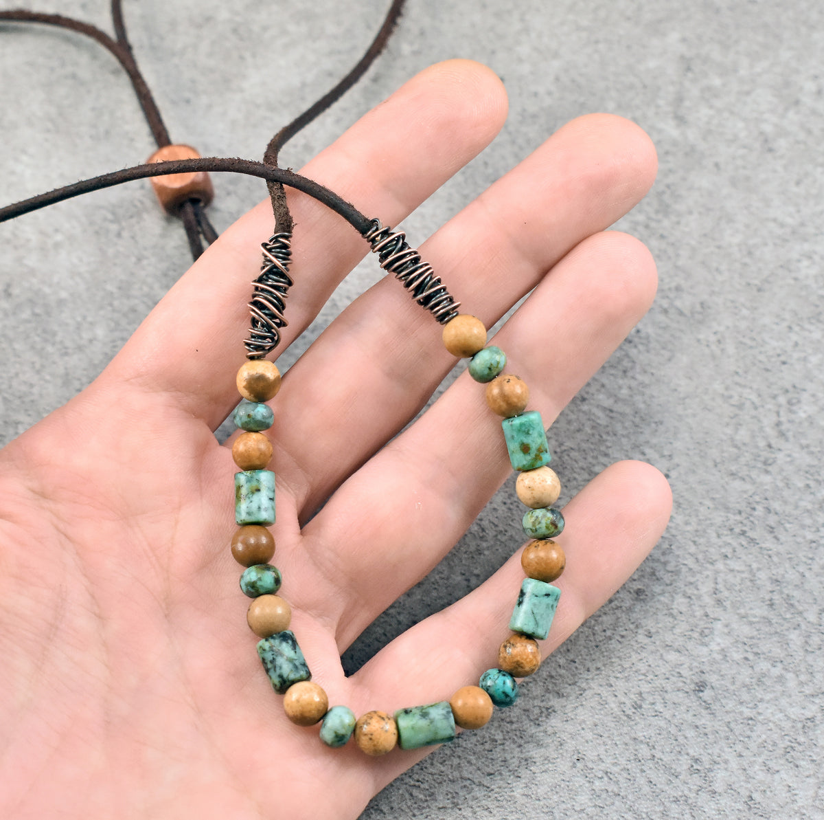 African Turquoise, Picture Jasper, Leather and Copper Necklace, Natural Green Brown Stone, Earthy Rustic Handmade Jewelry