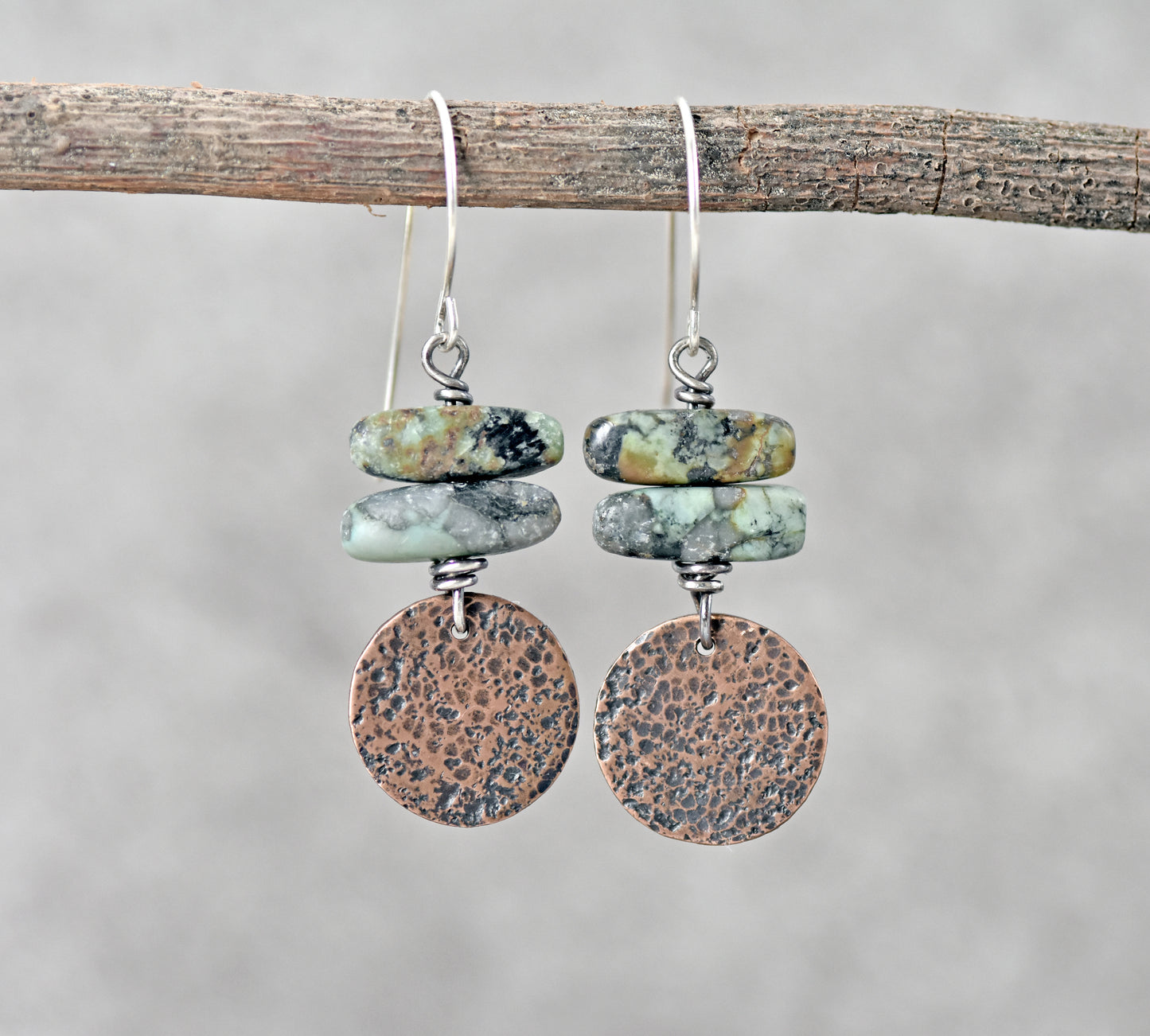 African Turquoise Jasper Earrings, Earthy Copper Gemstone Dangles, Rustic Green Stone Jewelry Handmade