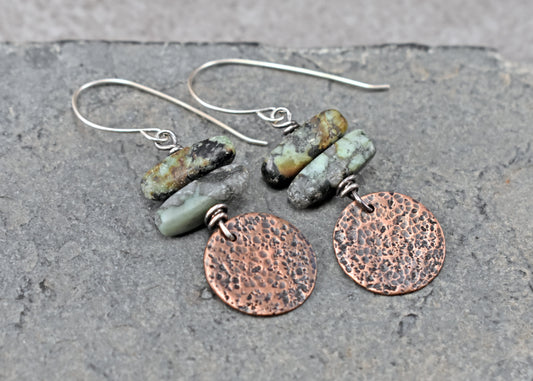African Turquoise Jasper Earrings, Earthy Copper Gemstone Dangles, Rustic Green Stone Jewelry Handmade