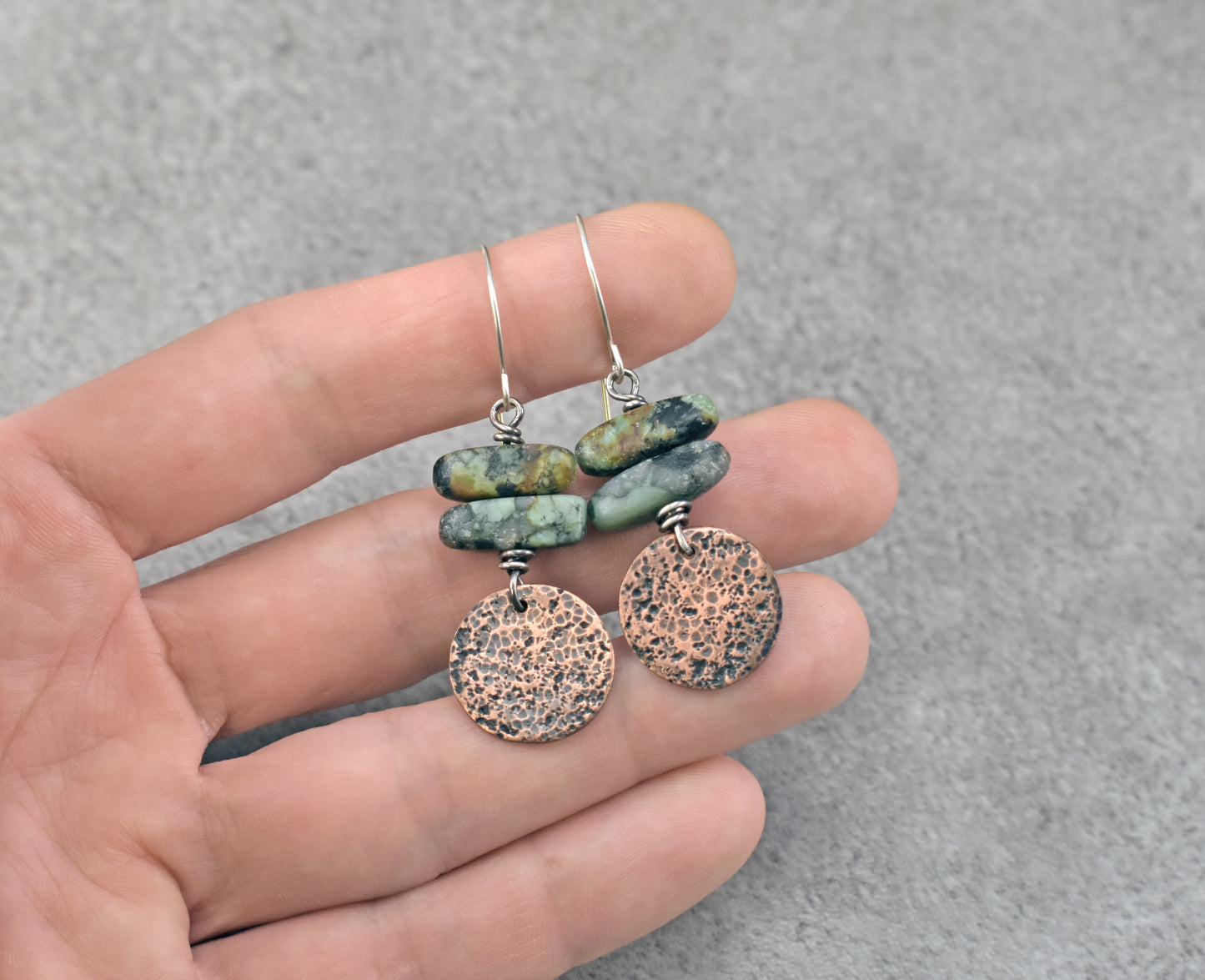 African Turquoise Jasper Earrings, Earthy Copper Gemstone Dangles, Rustic Green Stone Jewelry Handmade