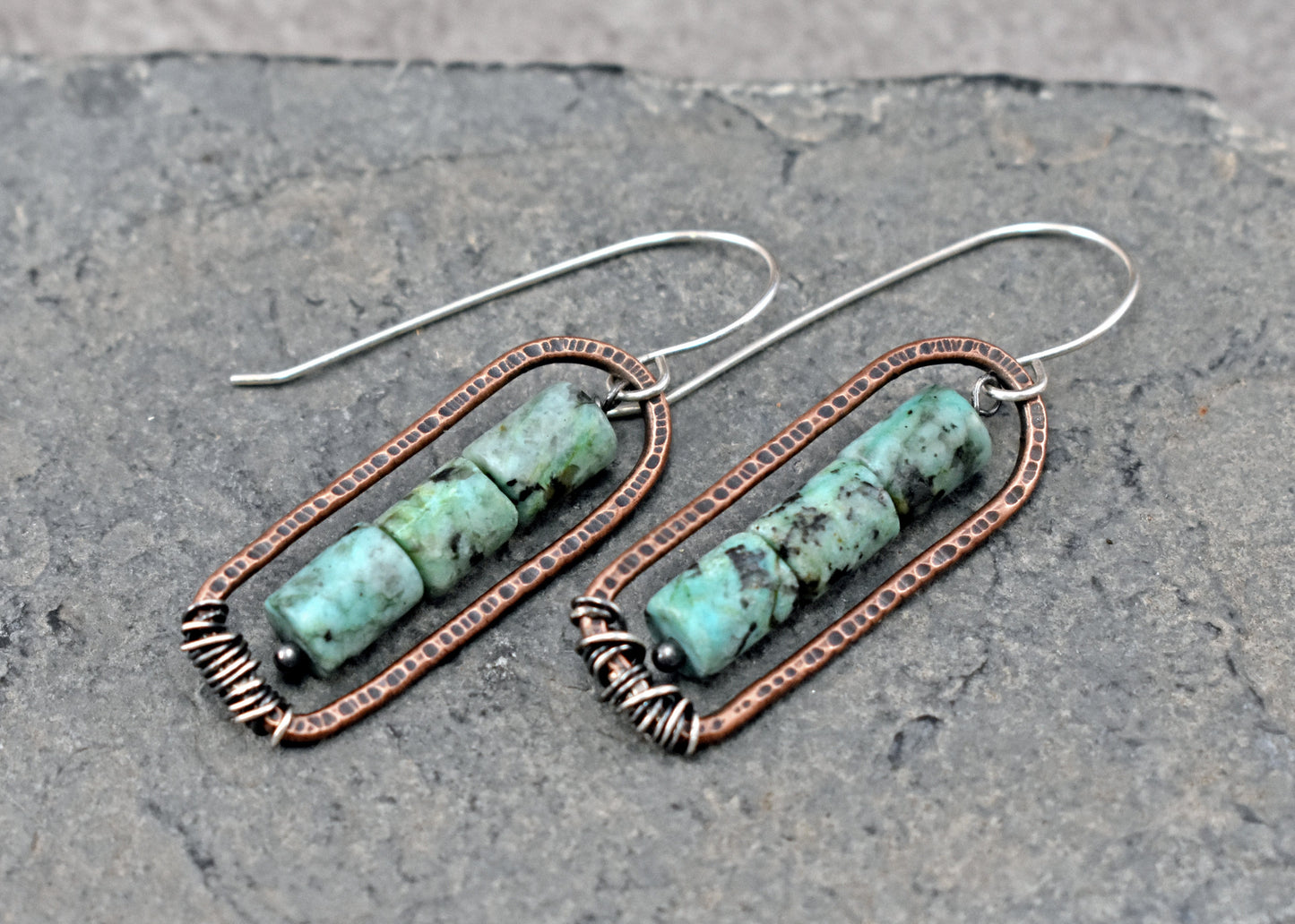 African Turquoise Jasper and Copper Earrings, Blue Green Gemstone Rustic Mixed Metal Jewelry