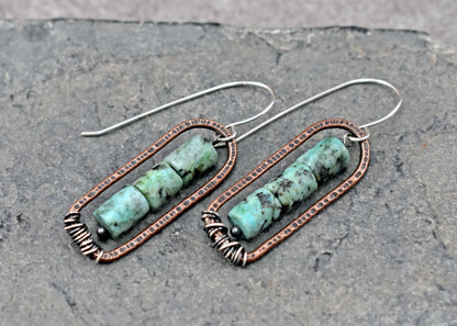 African Turquoise Jasper and Copper Earrings, Blue Green Gemstone Rustic Mixed Metal Jewelry
