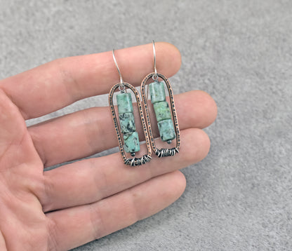 African Turquoise Jasper and Copper Earrings, Blue Green Gemstone Rustic Mixed Metal Jewelry