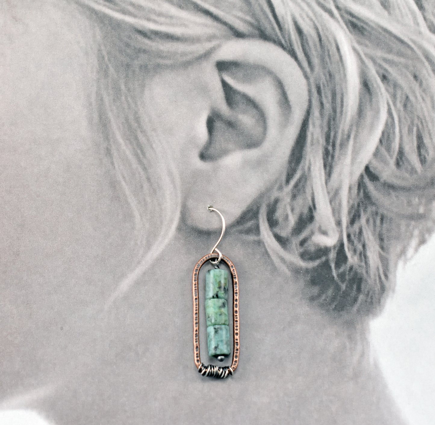 African Turquoise Jasper and Copper Earrings, Blue Green Gemstone Rustic Mixed Metal Jewelry