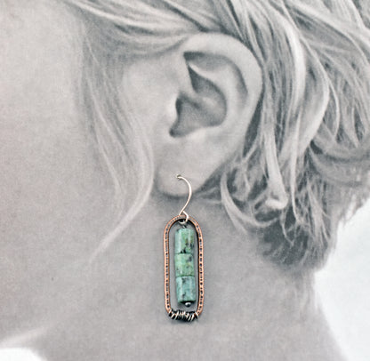 African Turquoise Jasper and Copper Earrings, Blue Green Gemstone Rustic Mixed Metal Jewelry