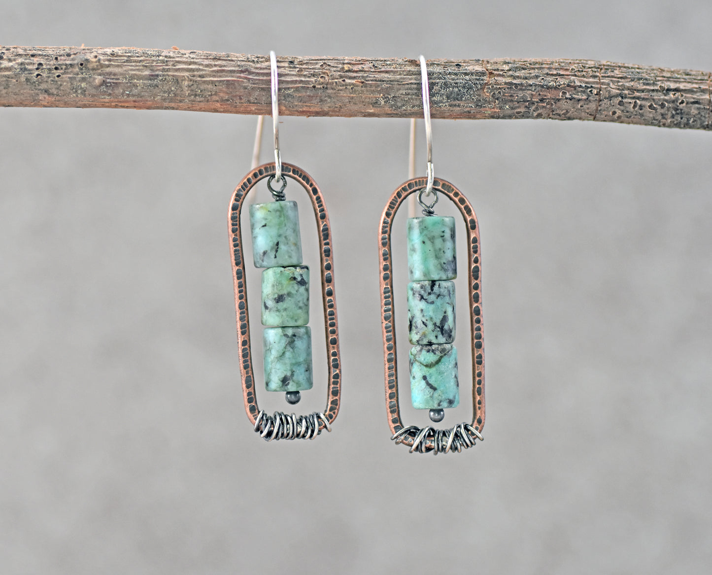 African Turquoise Jasper and Copper Earrings, Blue Green Gemstone Rustic Mixed Metal Jewelry