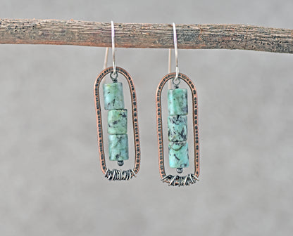 African Turquoise Jasper and Copper Earrings, Blue Green Gemstone Rustic Mixed Metal Jewelry