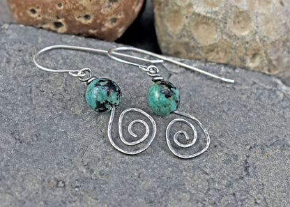 Small African Turquoise and Sterling Silver Spiral Earrings
