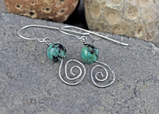 Small African Turquoise and Sterling Silver Spiral Earrings