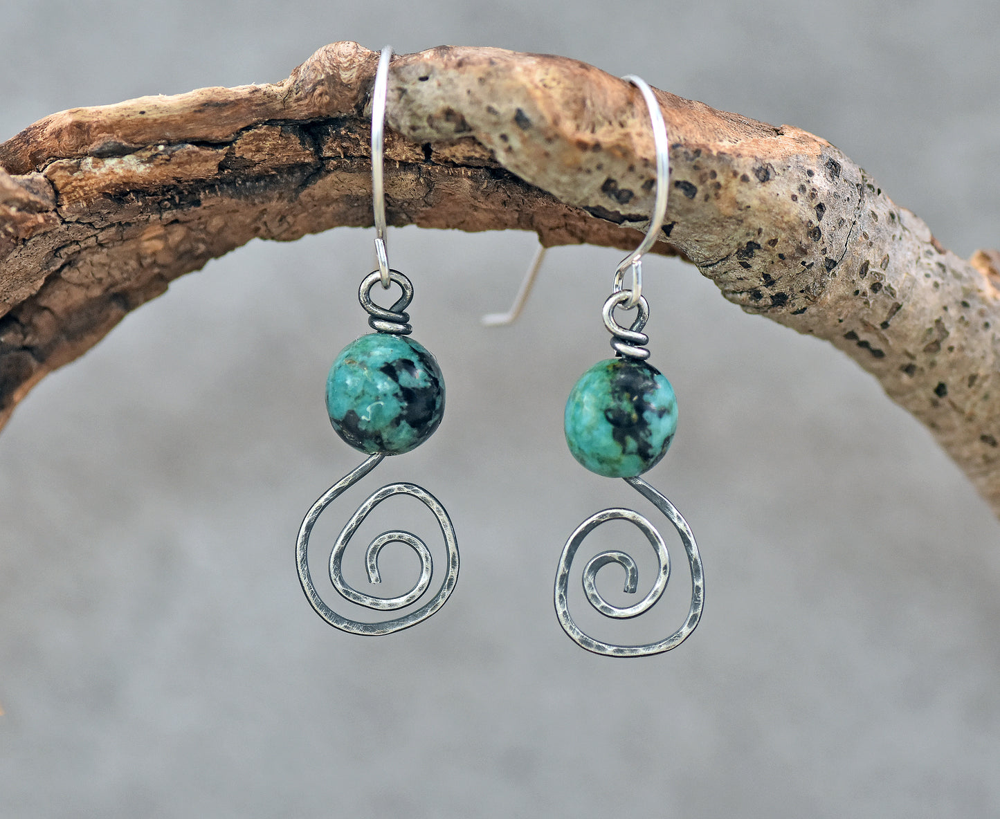 Small African Turquoise and Sterling Silver Spiral Earrings