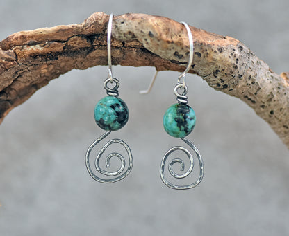 Small African Turquoise and Sterling Silver Spiral Earrings