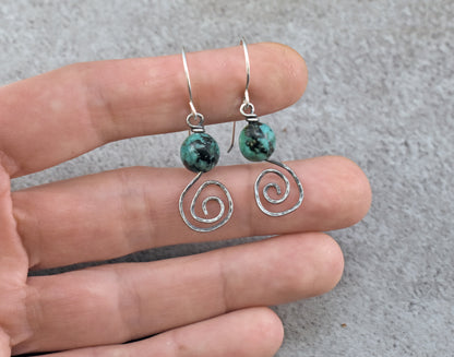 Small African Turquoise and Sterling Silver Spiral Earrings