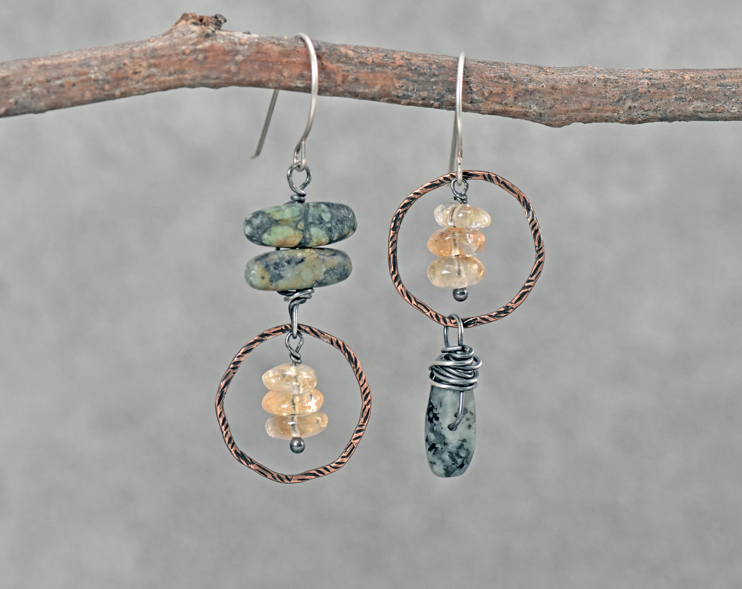 African Turquoise and Citrine Asymmetrical Earrings, Rustic Mixed Metal Copper Green and Yellow Stone Jewelry