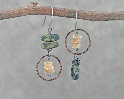 African Turquoise and Citrine Asymmetrical Earrings, Rustic Mixed Metal Copper Green and Yellow Stone Jewelry