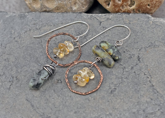 African Turquoise and Citrine Asymmetrical Earrings, Rustic Mixed Metal Copper Green and Yellow Stone Jewelry