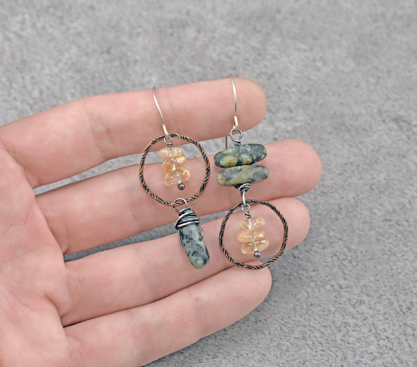 African Turquoise and Citrine Asymmetrical Earrings, Rustic Mixed Metal Copper Green and Yellow Stone Jewelry