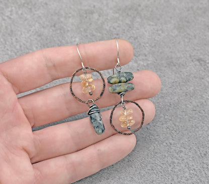 African Turquoise and Citrine Asymmetrical Earrings, Rustic Mixed Metal Copper Green and Yellow Stone Jewelry