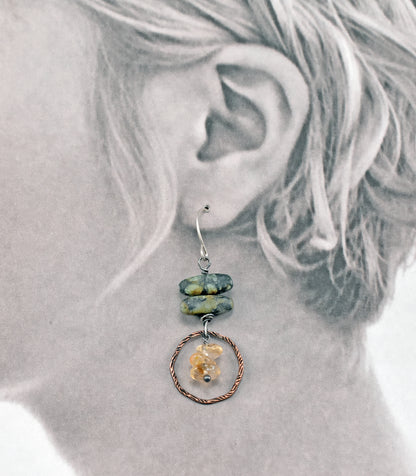 African Turquoise and Citrine Asymmetrical Earrings, Rustic Mixed Metal Copper Green and Yellow Stone Jewelry