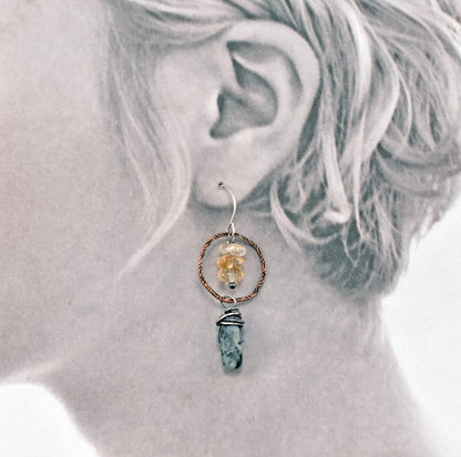 African Turquoise and Citrine Asymmetrical Earrings, Rustic Mixed Metal Copper Green and Yellow Stone Jewelry