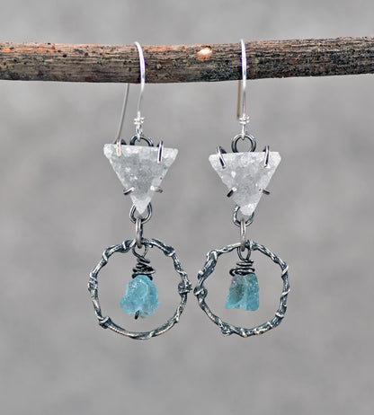Agate Druzy, Raw Apatite and Sterling Silver Statement Dangle Earrings, Organic Rustic Silversmith Jewelry