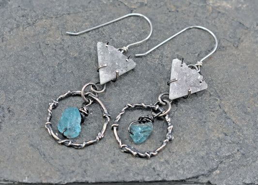 Agate Druzy, Raw Apatite and Sterling Silver Statement Dangle Earrings, Organic Rustic Silversmith Jewelry