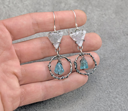 Agate Druzy, Raw Apatite and Sterling Silver Statement Dangle Earrings, Organic Rustic Silversmith Jewelry