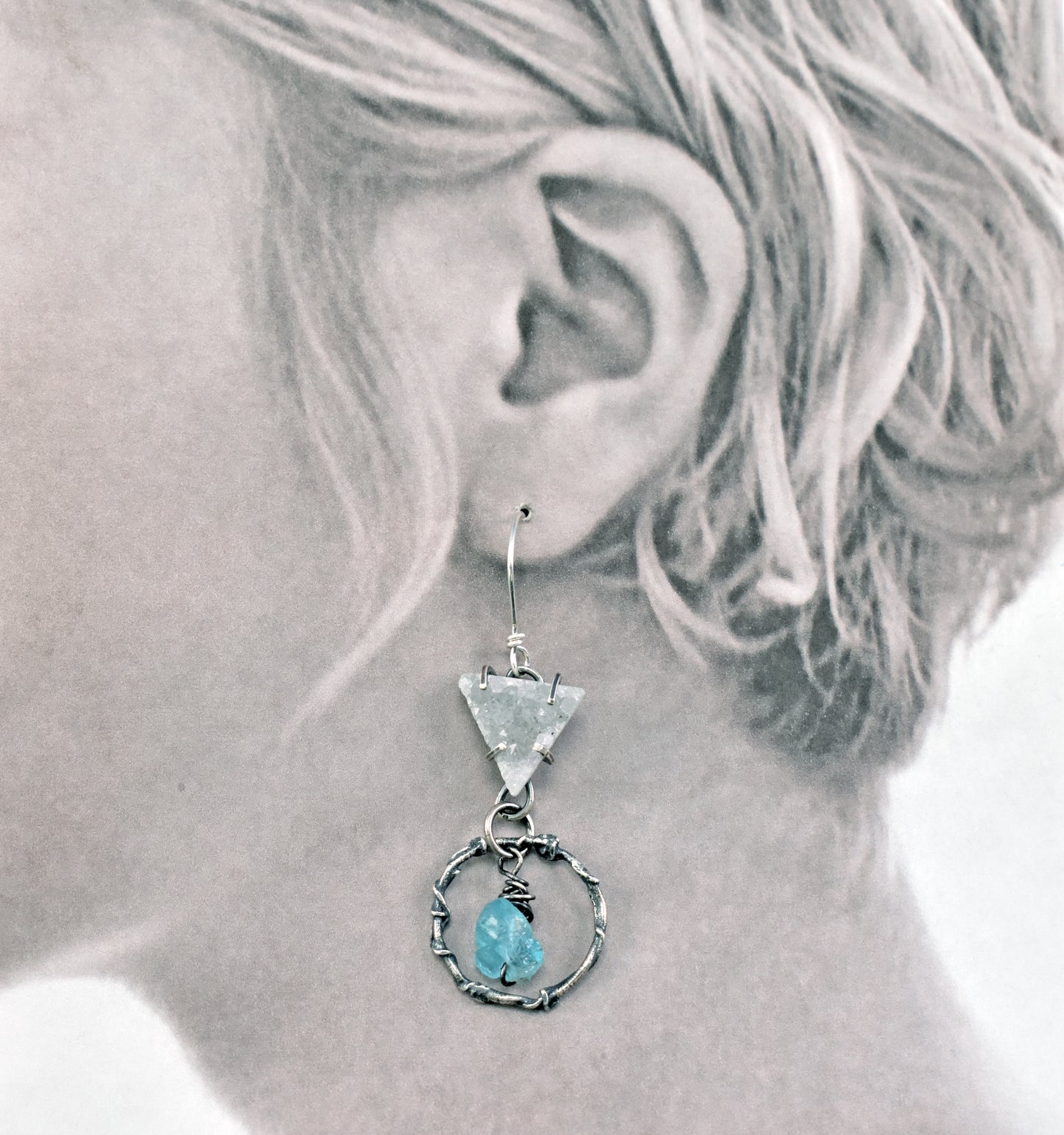 Agate Druzy, Raw Apatite and Sterling Silver Statement Dangle Earrings, Organic Rustic Silversmith Jewelry