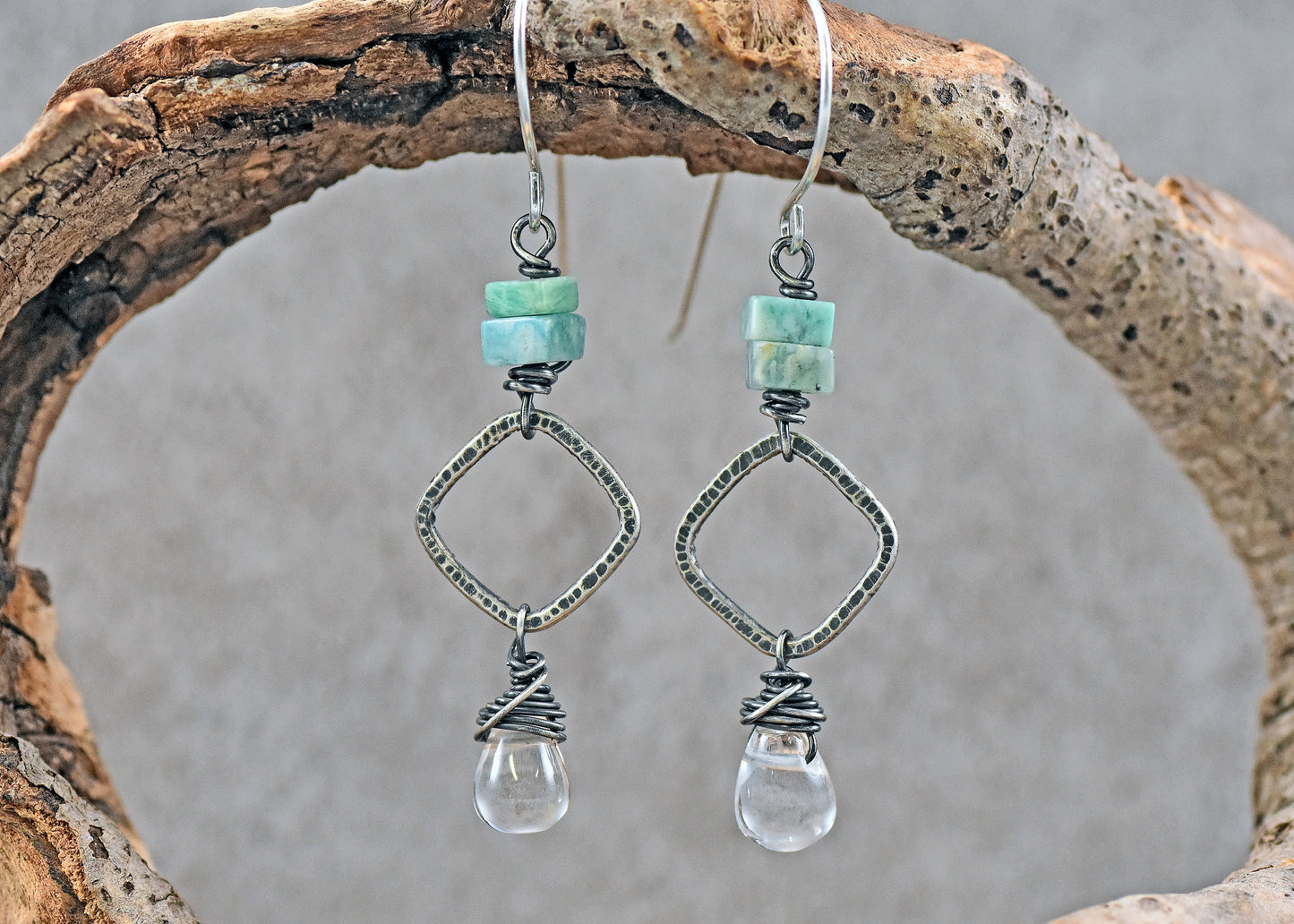 Amazonite and Quartz Teardrop Earrings, Sterling Silver Lightweight Dangles, Unique Artisan Natural Gemstone Jewelry
