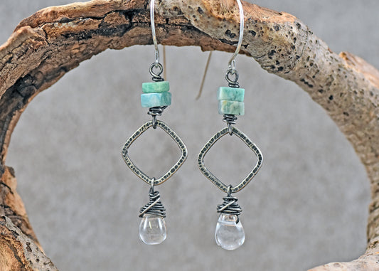 Amazonite and Quartz Teardrop Earrings, Sterling Silver Lightweight Dangles, Unique Artisan Natural Gemstone Jewelry