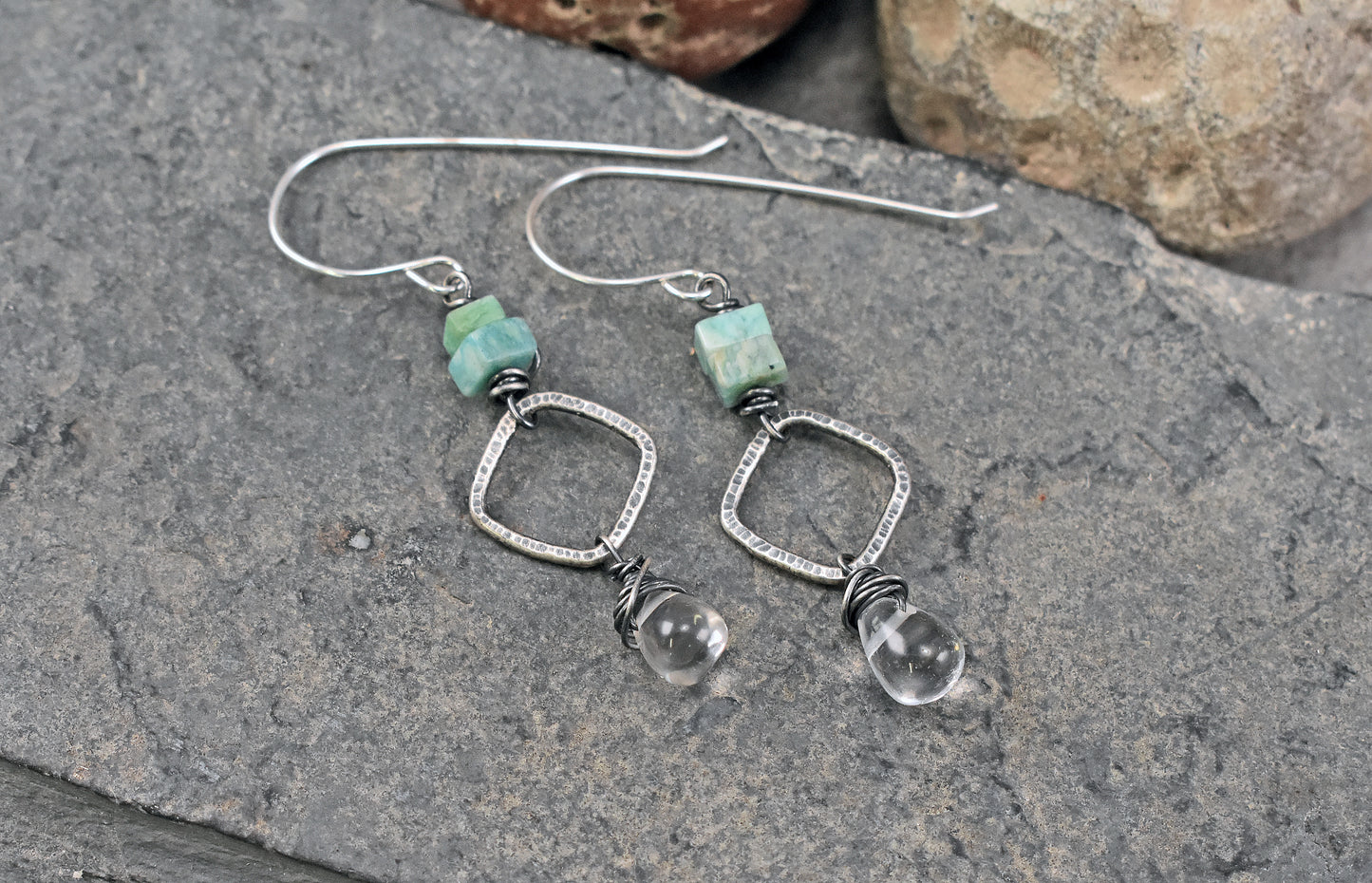 Amazonite and Quartz Teardrop Earrings, Sterling Silver Lightweight Dangles, Unique Artisan Natural Gemstone Jewelry