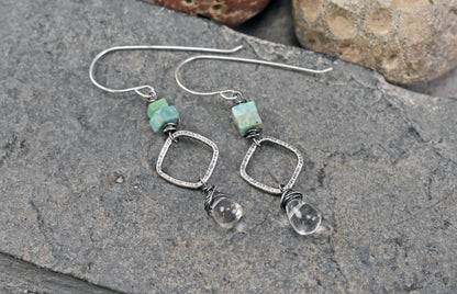 Amazonite and Quartz Teardrop Earrings, Sterling Silver Lightweight Dangles, Unique Artisan Natural Gemstone Jewelry