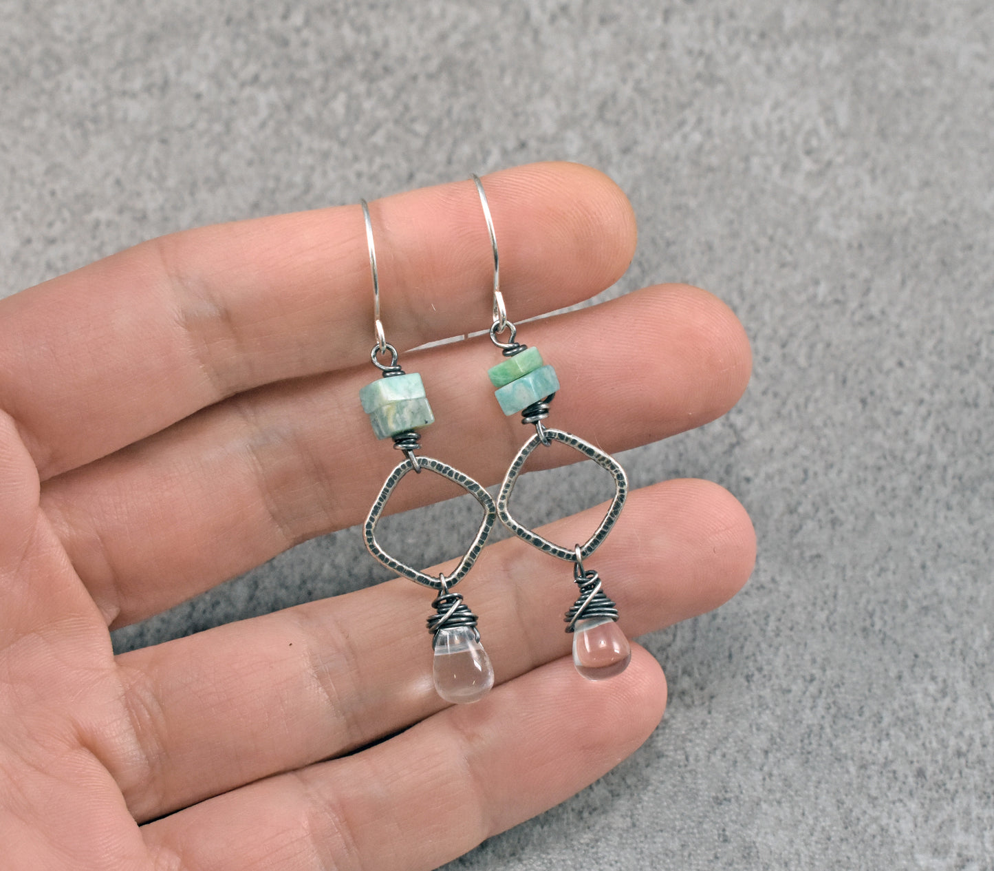 Amazonite and Quartz Teardrop Earrings, Sterling Silver Lightweight Dangles, Unique Artisan Natural Gemstone Jewelry
