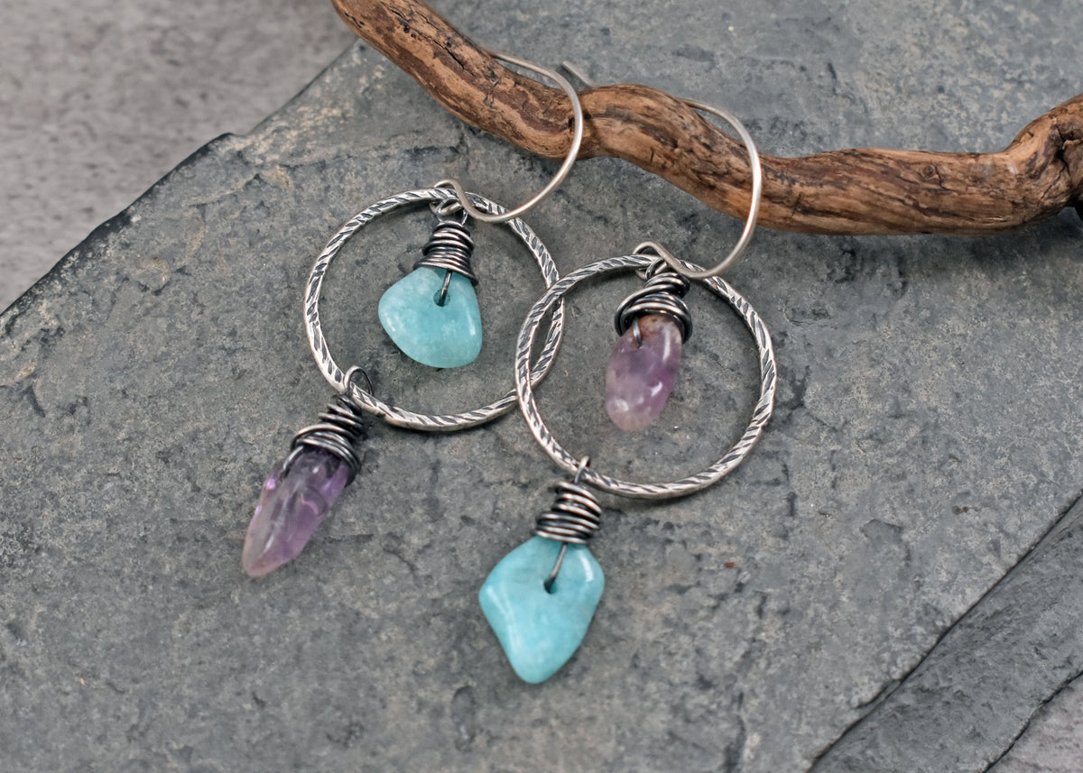 Amazonite and Super Seven Asymmetrical Sterling Silver Earrings, Blue and Purple Handmade Artisan Jewelry