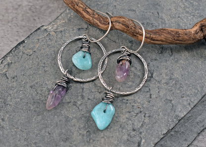 Amazonite and Super Seven Asymmetrical Sterling Silver Earrings, Blue and Purple Handmade Artisan Jewelry