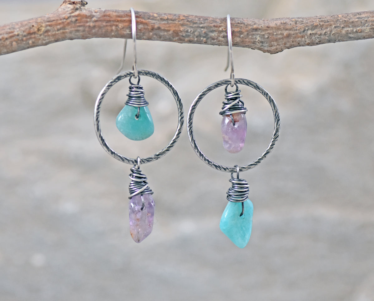 Amazonite and Super Seven Asymmetrical Sterling Silver Earrings, Blue and Purple Handmade Artisan Jewelry