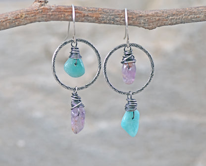 Amazonite and Super Seven Asymmetrical Sterling Silver Earrings, Blue and Purple Handmade Artisan Jewelry