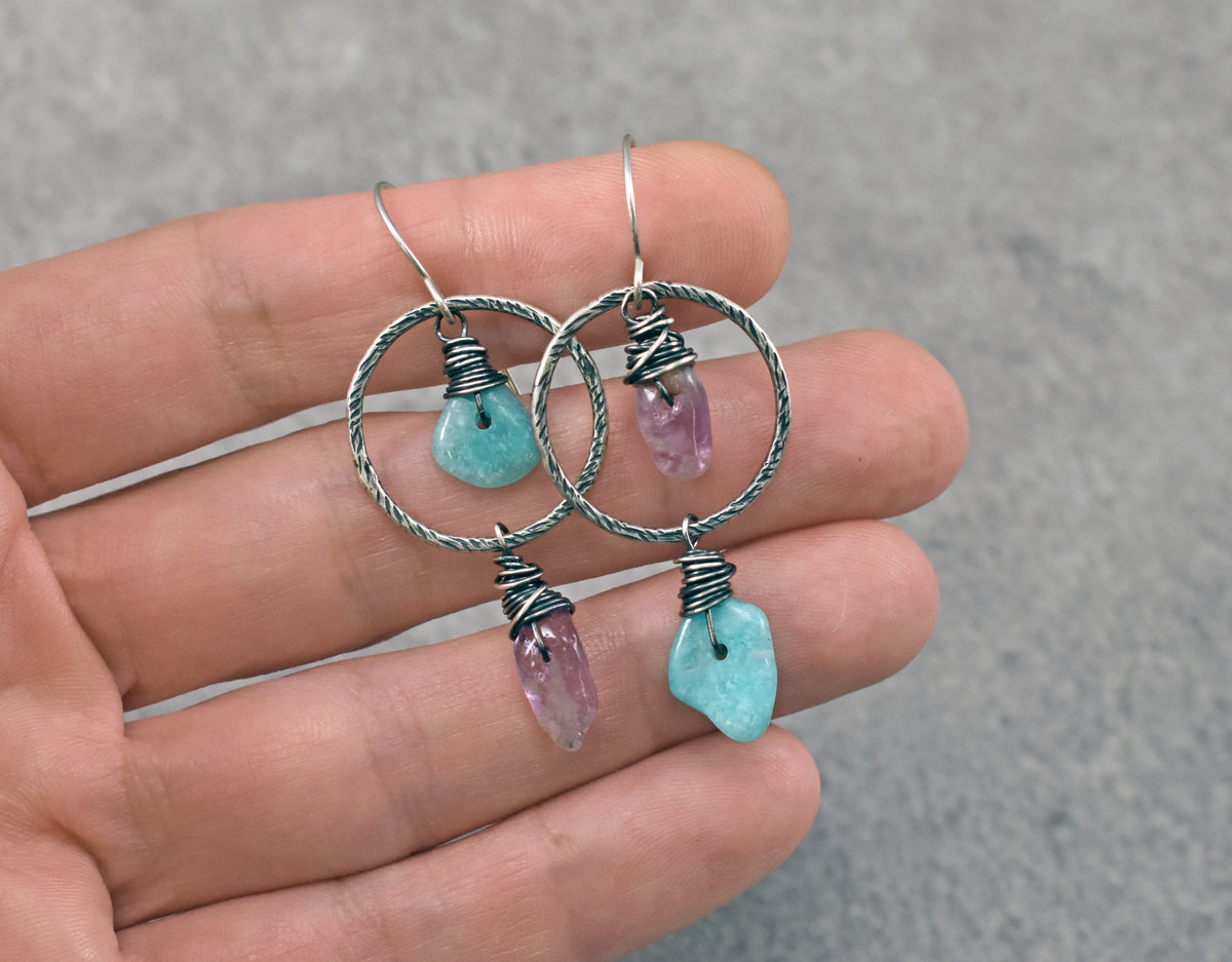 Amazonite and Super Seven Asymmetrical Sterling Silver Earrings, Blue and Purple Handmade Artisan Jewelry