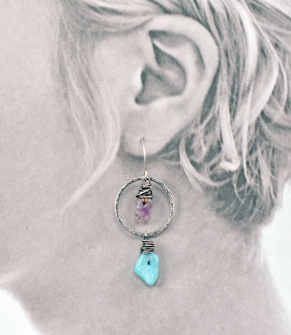 Amazonite and Super Seven Asymmetrical Sterling Silver Earrings, Blue and Purple Handmade Artisan Jewelry