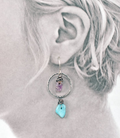 Amazonite and Super Seven Asymmetrical Sterling Silver Earrings, Blue and Purple Handmade Artisan Jewelry