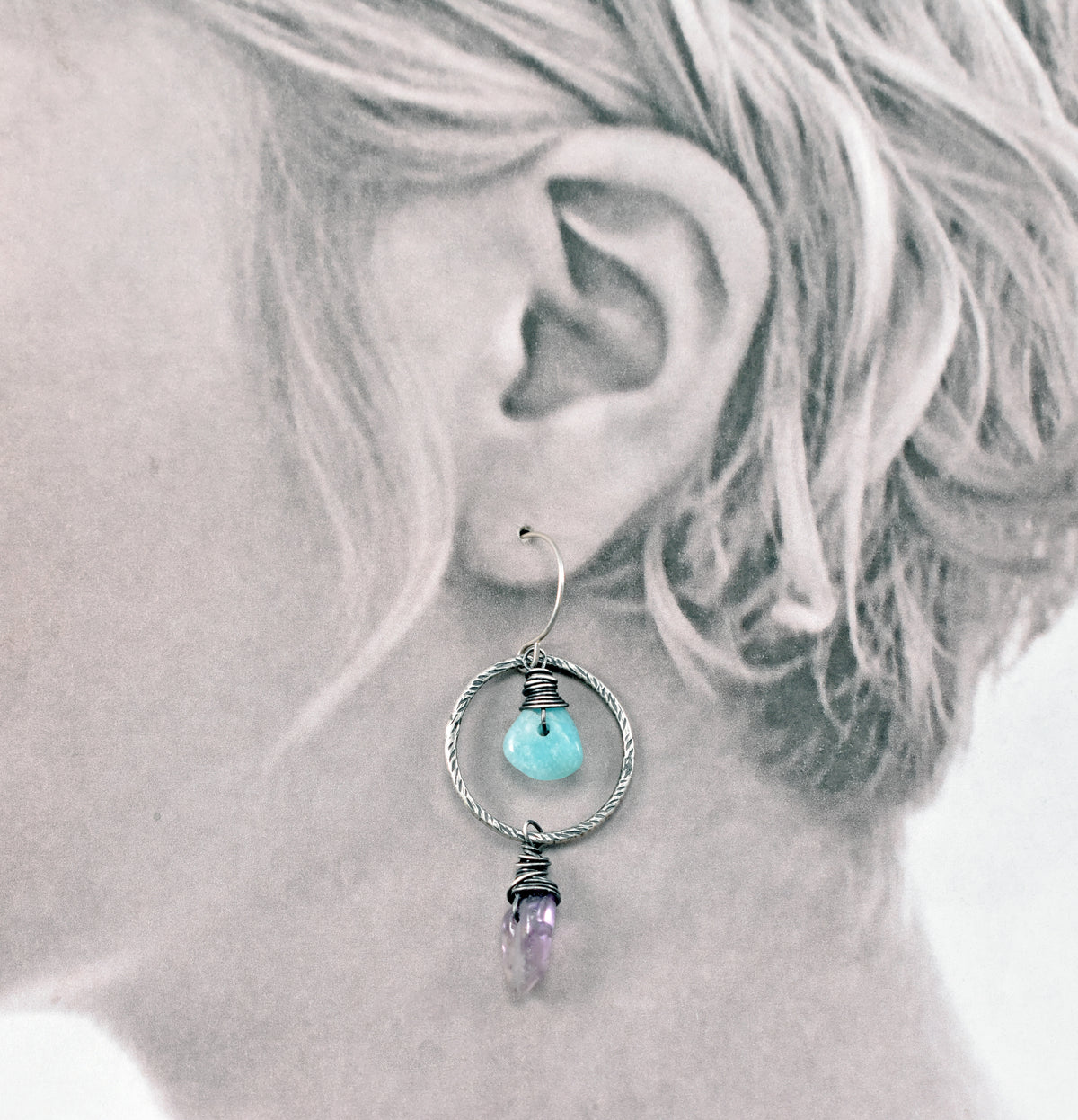 Amazonite and Super Seven Asymmetrical Sterling Silver Earrings, Blue and Purple Handmade Artisan Jewelry