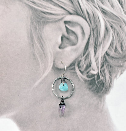 Amazonite and Super Seven Asymmetrical Sterling Silver Earrings, Blue and Purple Handmade Artisan Jewelry
