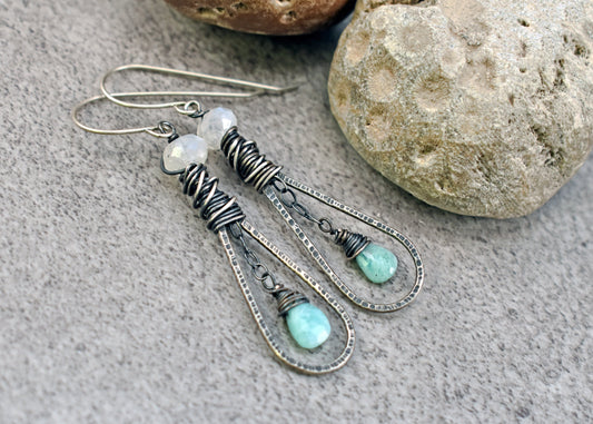 Moonstone Amazonite Sterling Silver Earrings, Light Blue White Gemstone Dangles, Rustic Artisan Wire Teardrop Jewelry Handmade