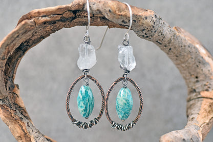 Amazonite and Raw Quartz Mixed Metal Earrings, Artisan Copper and Sterling Silver Handmade Jewelry