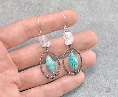 Amazonite and Raw Quartz Mixed Metal Earrings, Artisan Copper and Sterling Silver Handmade Jewelry