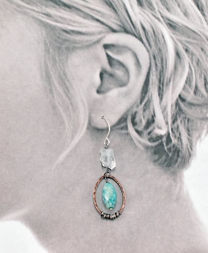 Amazonite and Raw Quartz Mixed Metal Earrings, Artisan Copper and Sterling Silver Handmade Jewelry
