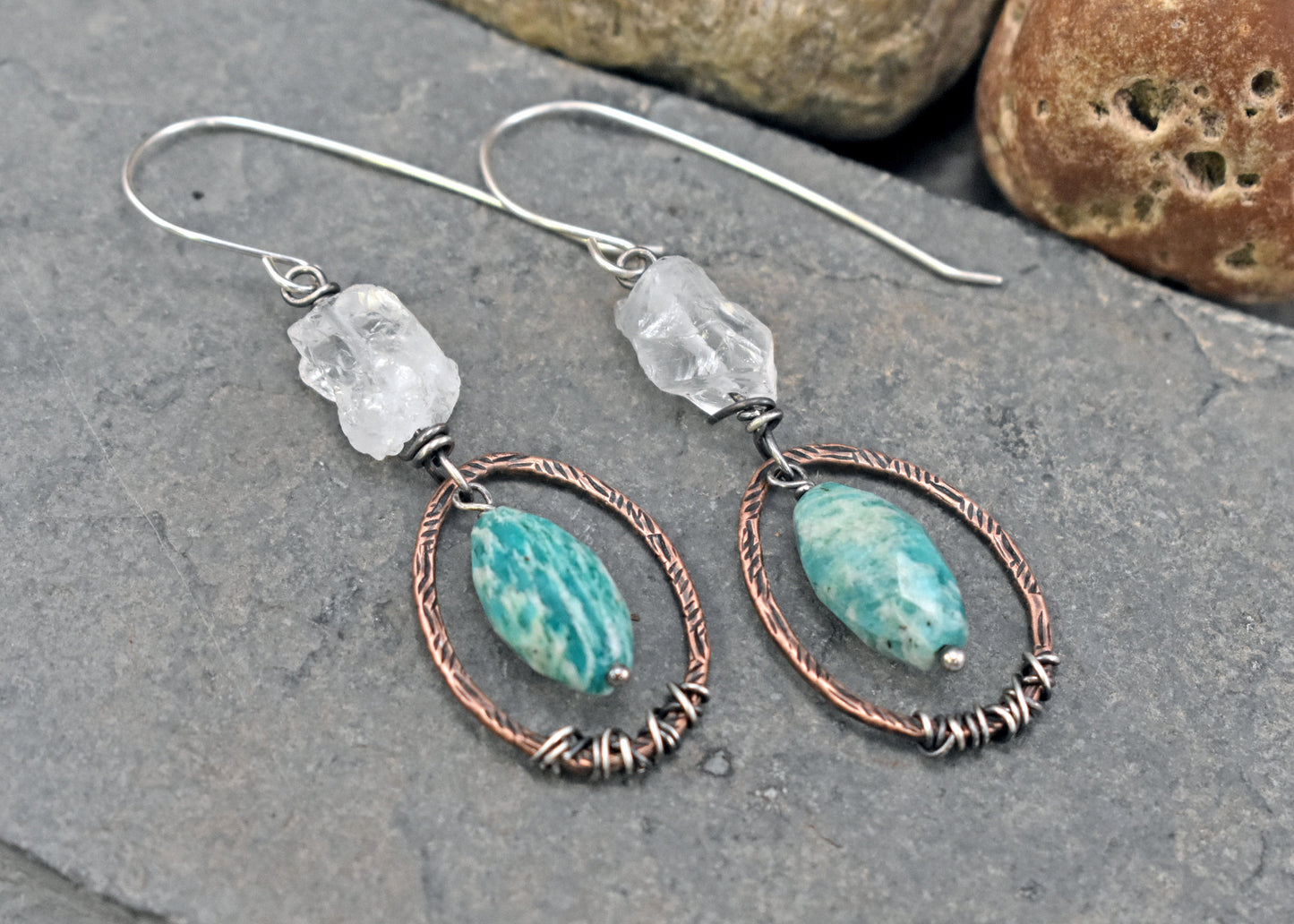 Amazonite and Raw Quartz Mixed Metal Earrings, Artisan Copper and Sterling Silver Handmade Jewelry