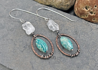 Amazonite and Raw Quartz Mixed Metal Earrings, Artisan Copper and Sterling Silver Handmade Jewelry