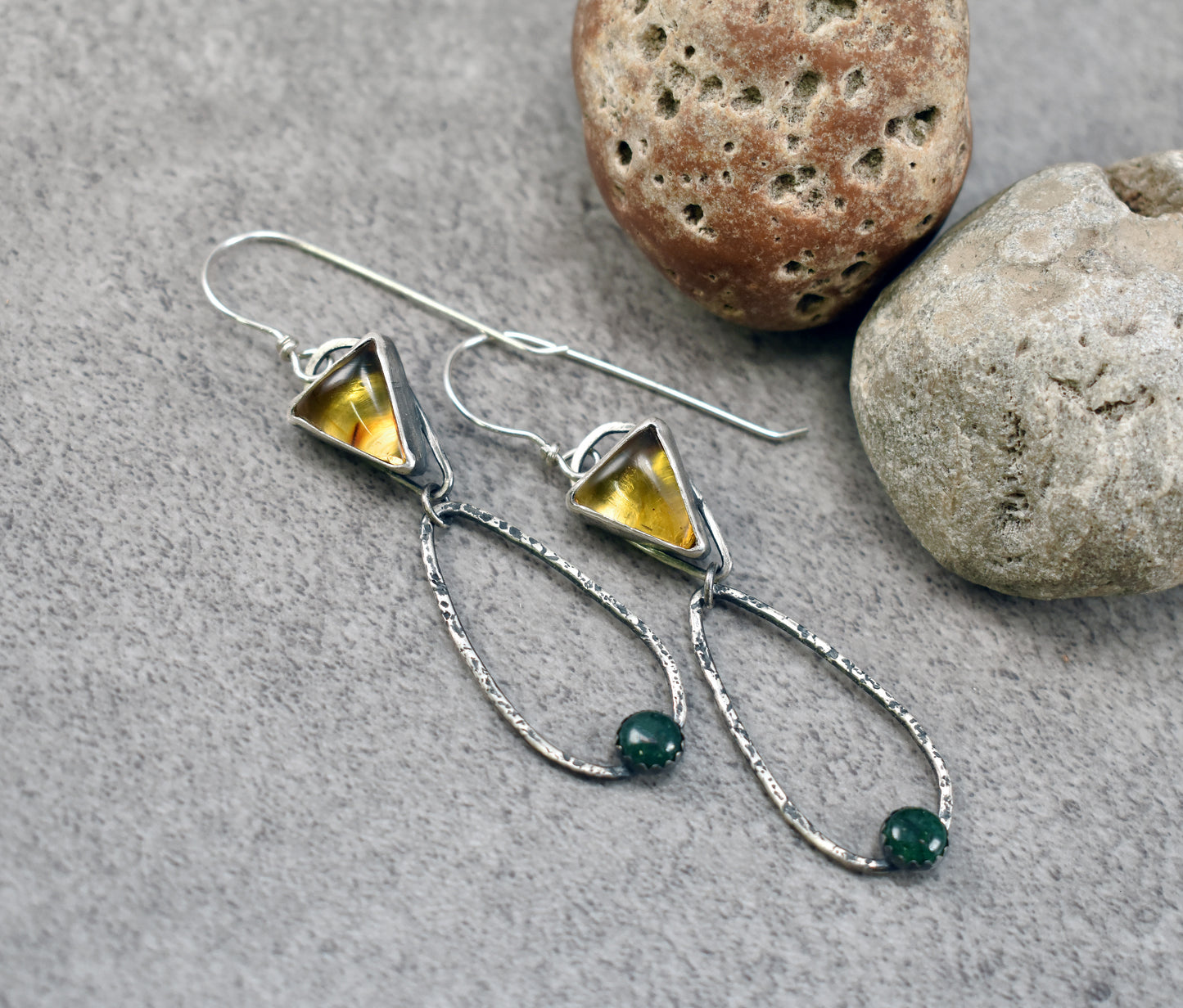 Long Amber and Aventurine Sterling Silver Teardrop Dangle Earrings