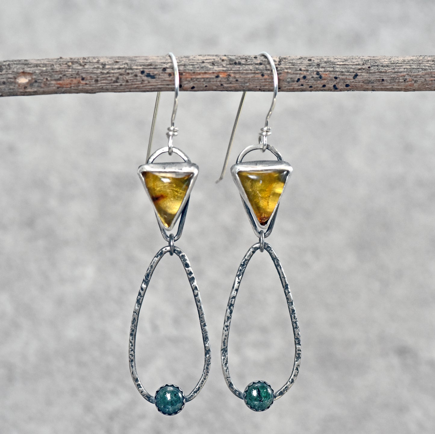 Long Amber and Aventurine Sterling Silver Teardrop Dangle Earrings