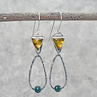 Long Amber and Aventurine Sterling Silver Teardrop Dangle Earrings